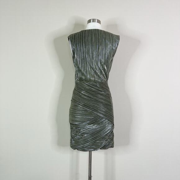 Maje | Romea Metallic Green Plisse Bandage V Neck Designer Mini Dress 38 Medium - Picture 7 of 12